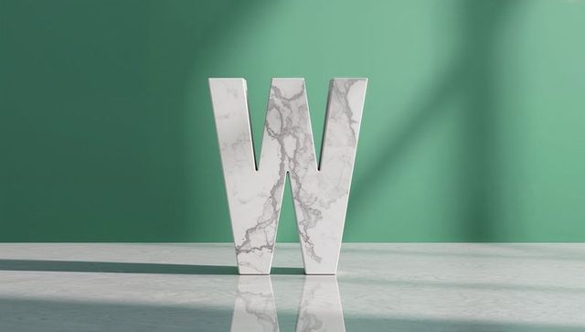 Elegant Marble Letter W on Polished Surface with Shadows