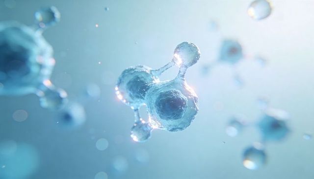 Ethereal Glowing Molecular Cluster in Cyan Fluid with Translucent Glasslike Spheres