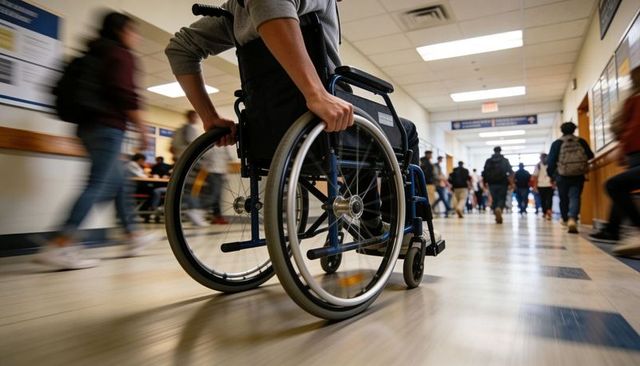 Teen navigating busy school hallway in wheelchair emphasizing accessibility and inclusion