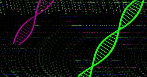 Glowing Neon DNA Helices Streaming Over Binary Code with Cyber Glitch, Genetic Data Concept