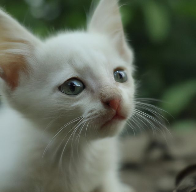 This image depicts a closeup of a curious white kitten with green eyes gazing attentively. The image is perfect for use in pet care blogs, animal-themed articles, veterinary websites, and social media posts highlighting adorable pets.