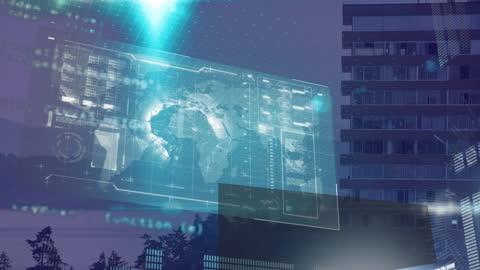 Futuristic Globe Hologram Overlays Urban Cityscape