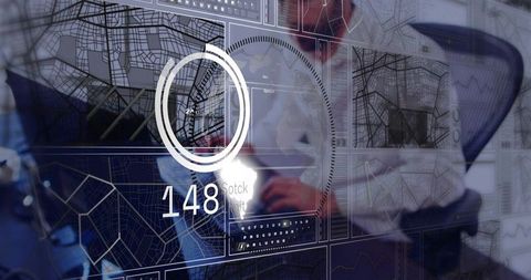 Business professional interacting with augmented reality dashboard on tablet HUD analytics