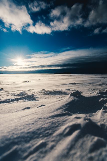This scenic snowy landscape under a cloudy sky at sunrise captures the tranquility and beauty of a winter morning. Ideal for travel blogs, nature websites, and seasonal greetings, it showcases the peacefulness and cold weather typical of winter. Perfect for winter-themed projects or conveying a sense of calmness and natural beauty.