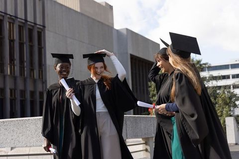 Multicultural graduates celebrating on campus holding diplomas and mortarboards