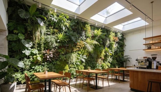 Bright botanical cafe with living green wall, skylights, wooden tables and espresso bar