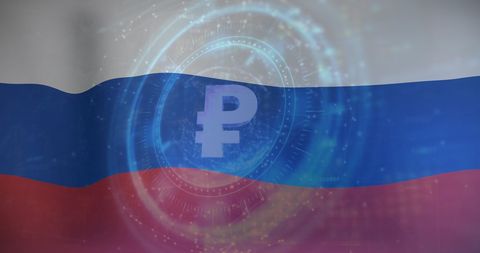 Digital Ruble Symbol with Russian Flag Background