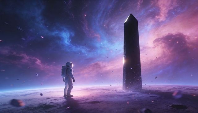 Astronaut discovering towering monolith on cratered alien plain under vivid nebula