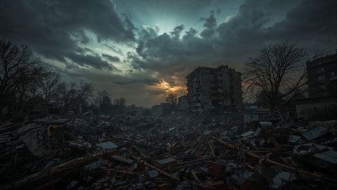 Apocalyptic urban landscape with ruins under dramatic sky