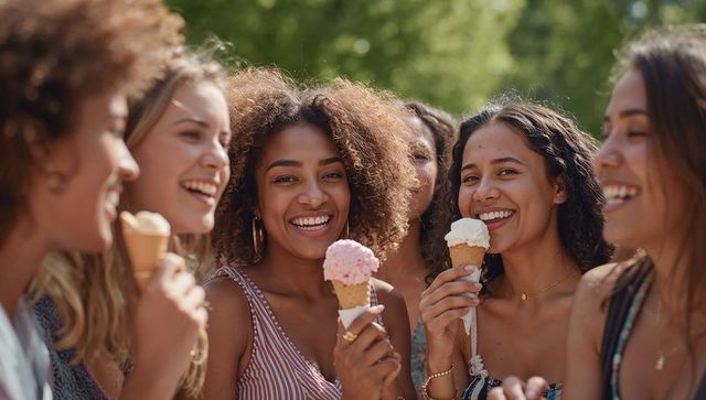 Joyful friends enjoying ice cream in sunny park outing