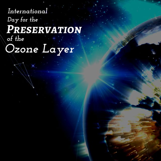 Illustration of earth with international day for the preservation of the ozone layer text. Copy space, spread awareness, preservation of ozone layer, protection, phase out ozone depleting substances.