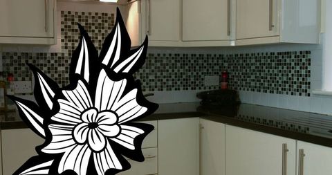 Modern kitchen with floral overlay highlighting interior design