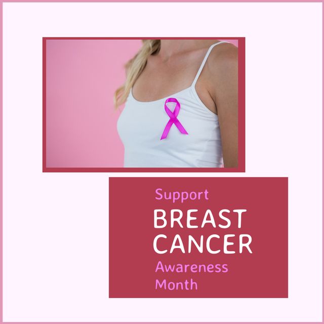 Composition of support breast cancer awareness month text with caucasian woman wearing pink ribbon. Breast cancer awareness month and celebration concept digitally generated video.