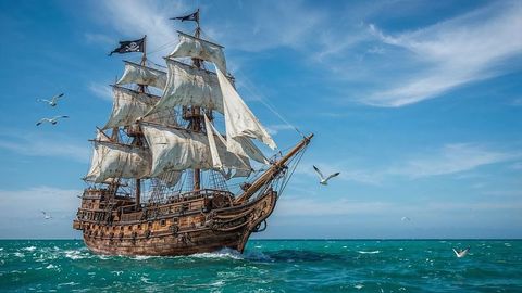 Majestic three-masted pirate ship sailing through turquoise waters