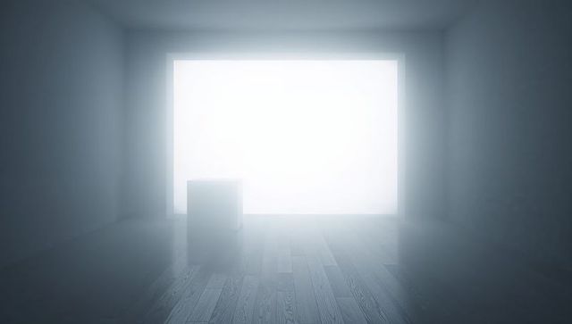 Minimalist room flooding with overexposed backlight, solitary pedestal on wood floor