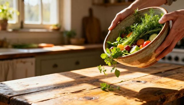 Hands pouring fresh herb salad from ceramic bowl onto rustic sunlit wooden table