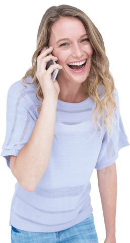 Smiling woman having phone conversation on transparent background