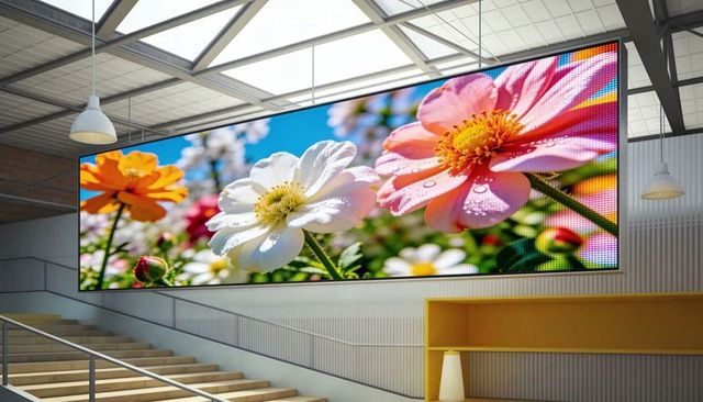 Vivid floral led wall display in modern atrium with skylights and open staircase for lobby