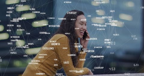 Business data over biracial woman using smartphone in modern setting