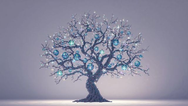 Luminescent Voxel Tree with Glowing Cyan Orbs and Sparkling Starburst Lights