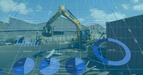 Excavator and Financial Charts in Urban Industrial Area