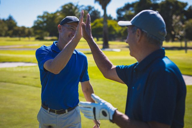 Two happy caucasian senior men at golf course high fiving after their game - Download Free Stock Photos Pikwizard.com