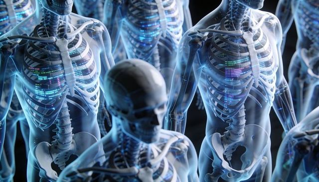 Translucent human skeleton holograms with neon data streams for medical ai visualization