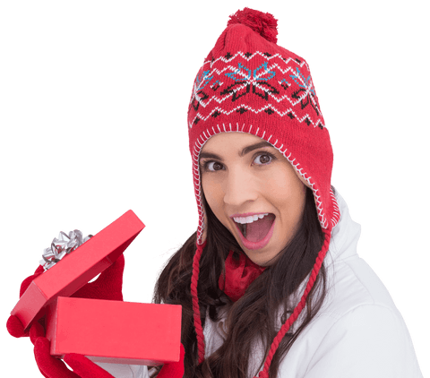 Excited Woman in Winter Attire Holding Open Christmas Gift Transparent
