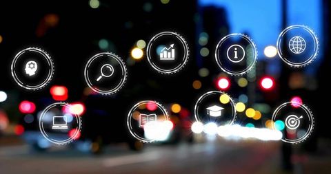 Floating hud icons showing analytics, search, education and connectivity over city night