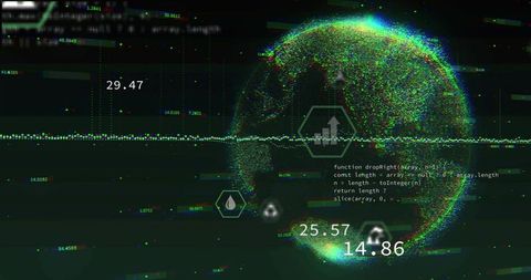 Pulsing particle globe displaying real-time data on holographic dashboard with waveform metrics, cod