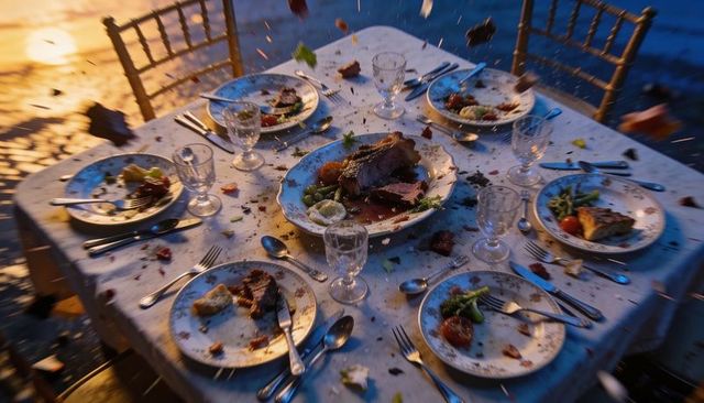 Waterside sunset dinner disrupted by flying debris, carved roast on central platter