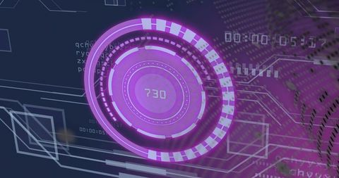 Neon Purple Circular HUD Interface Displaying Numeric Readout 730 with Circuit Trace Overlay