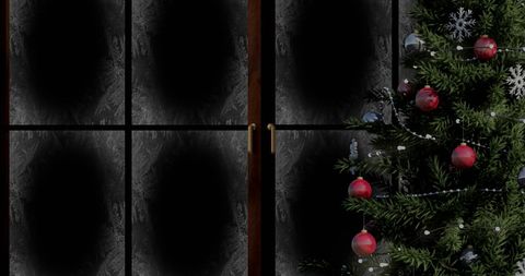 Snow Falling on Christmas Tree Outside Frosted Window - Download Free Stock Images Pikwizard.com