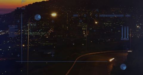 Dusk city skyline with curved coastal highway and futuristic hud overlay for tech design