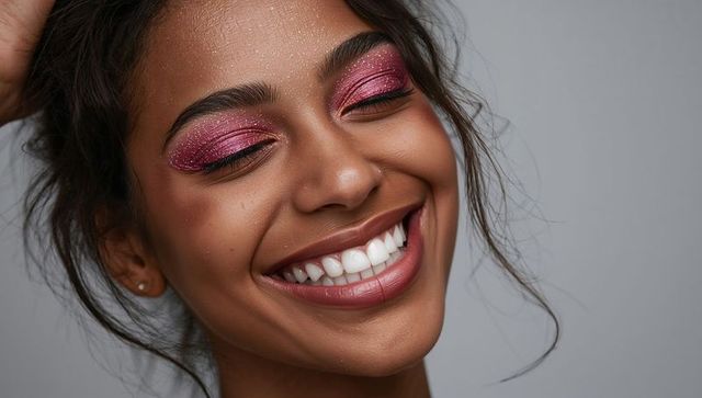 Smiling woman wearing glitter pink eyeshadow and mauve lipstick closeup beauty portrait