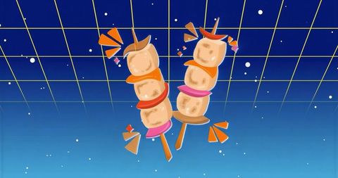 Floating Skewers Threading Dough-Like Cubes with Colorful Rings in Retro Futuristic Grid