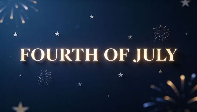 Glowing gold fourth of july text on navy background with fireworks and stars