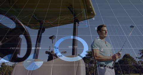 Golfer analyzing performance with digital analytics on fairway