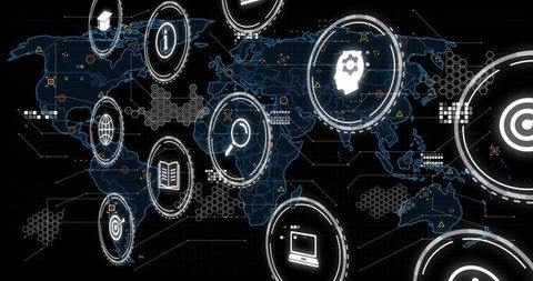 Global digital network dashboard neon analytics icons connecting data nodes worldwide