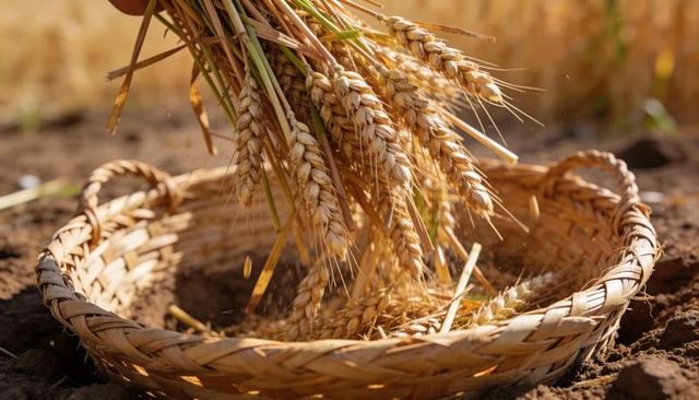 Tipping golden wheat sheaves into braided basket, loose kernels falling on tilled soil