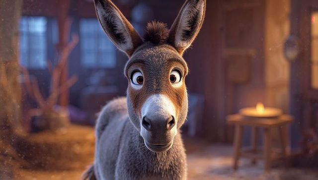 Animation of Curious Donkey Inside Cozy Barn at Dusk