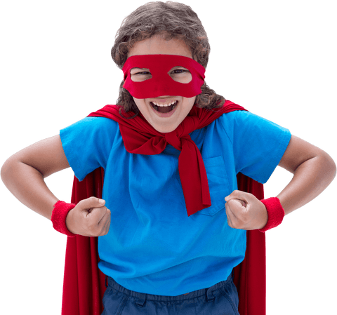 Transparent Joyful Boy in Red Cape and Mask Showing Strength