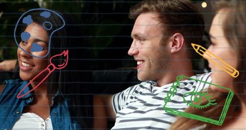 Young adults relaxing with creative digital art doodles