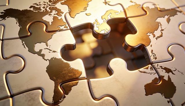 Golden world puzzle revealing missing piece with stacked edges and reflective metal finish