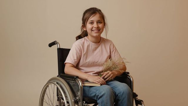 Smiling girl in wheelchair holding flowers and book, casual inclusive youth portrait