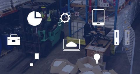 Warehouse logistics teamwork with green forklift operator and supervisor using laptop