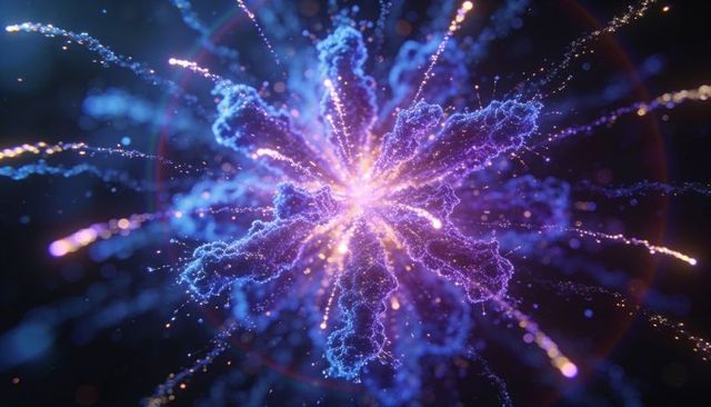 Neon plasma nebula exploding into filament trails and glowing particle burst futuristic