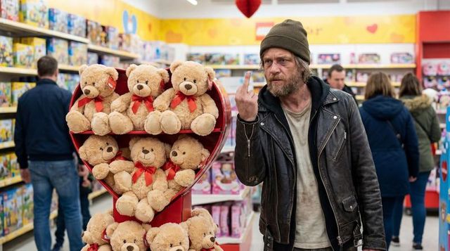 Bearded Man Giving Middle Finger in Toy Aisle Beside Heart-Shaped Teddy Bear Display