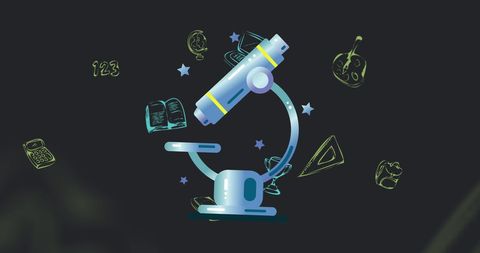 Colorful Microscope with Educational Icons on Black Background