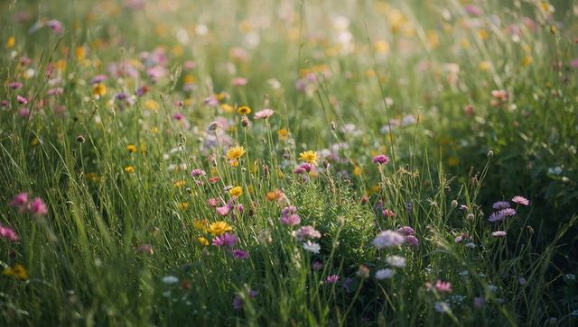 Sunlight filtering through wildflower meadow, colorful blooms and tall grasses swaying